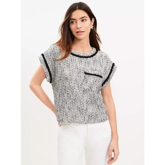 LOFT‎ Fringe Tweed Pocket Tee and Pencil Skirt XXSP Black White Cropped Shirt - Picture 3 of 13